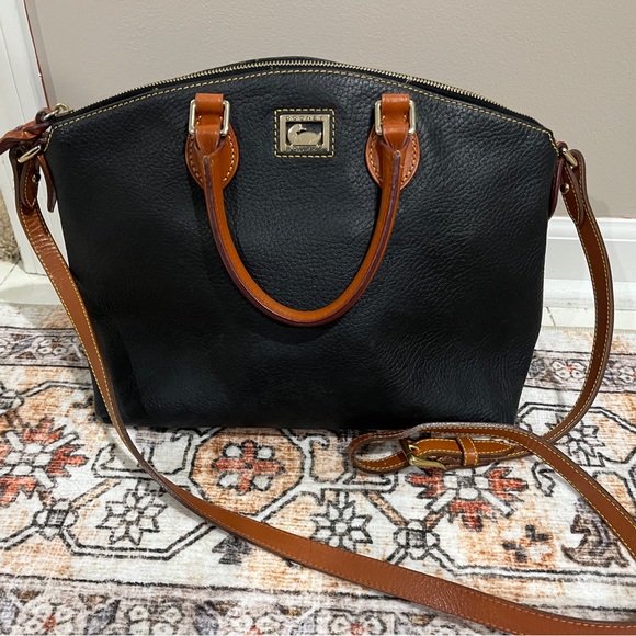 Dooney & Bourke Handbags - Dooney & Bourke Black Peddle Leather Satchel with Tan Accents